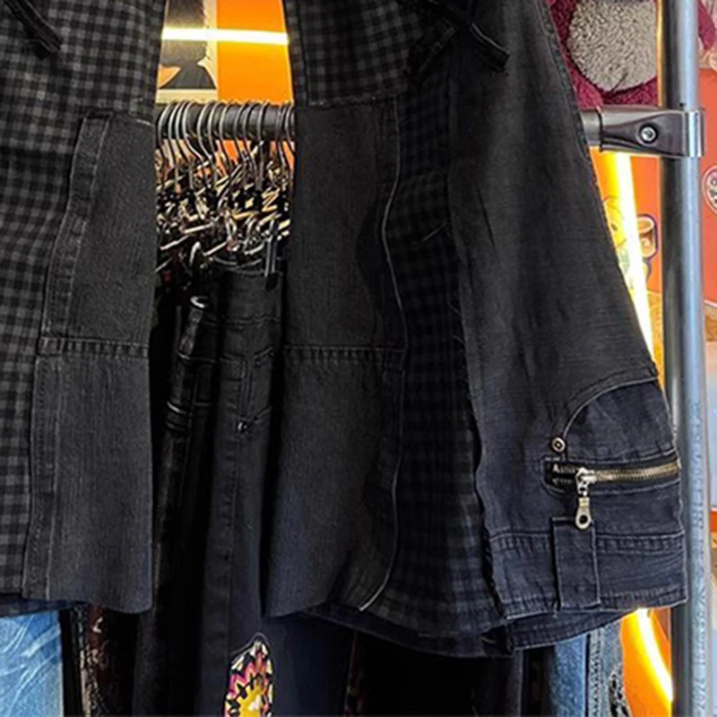 Y2K 2000S Flare Jeans Women Vintage Streetwear Plaid Patchwork Denim Pants Harajuku Grunge Sexy High Waist Slim Design Trousers