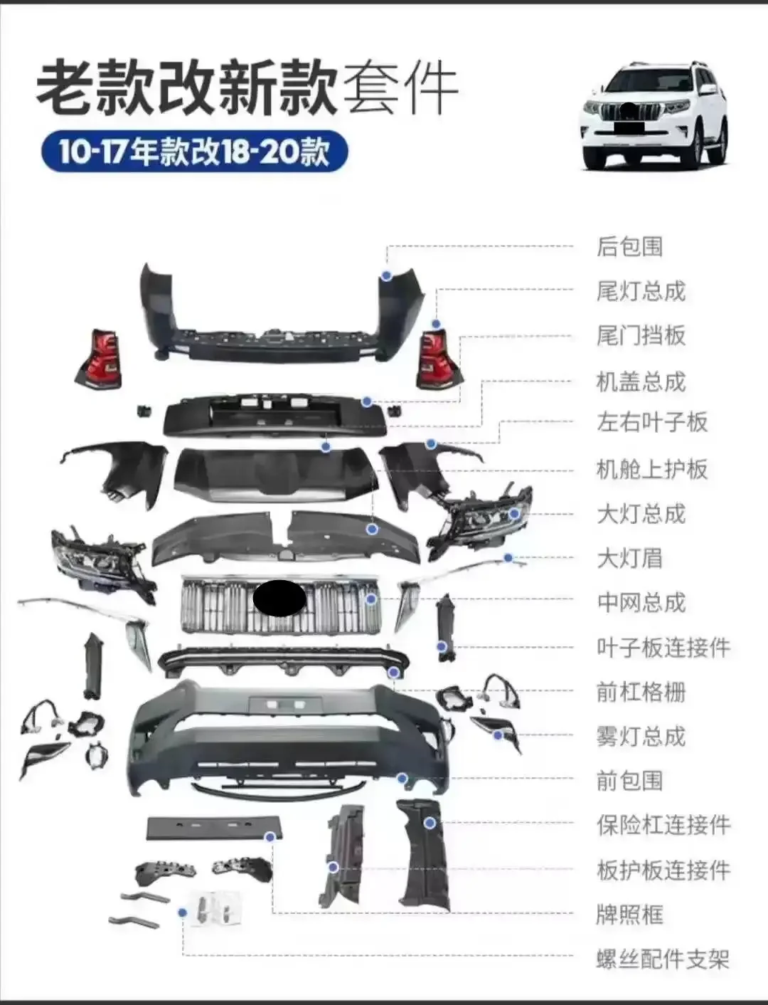 

Car surround Front rear Bumper assembly Headlight tail light grill for TOYOTA LAND CRUISER PRADO 2010-17 modified 2018-21