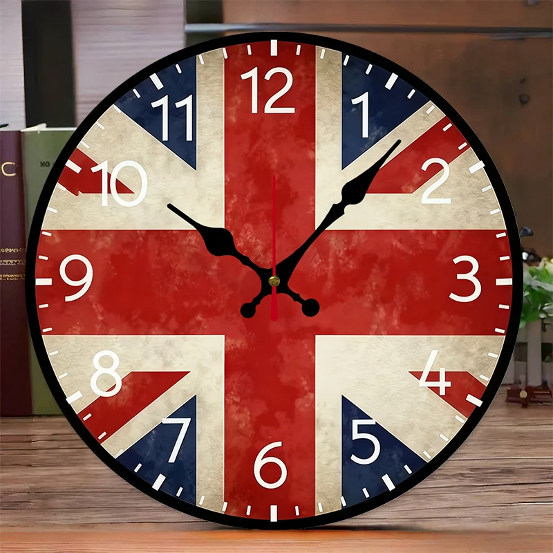 Flag Design Wooden Round Silent Hanging Wall Clock, Suitable For Living Room, Office, Study Room, Bedroom, Home Decoration