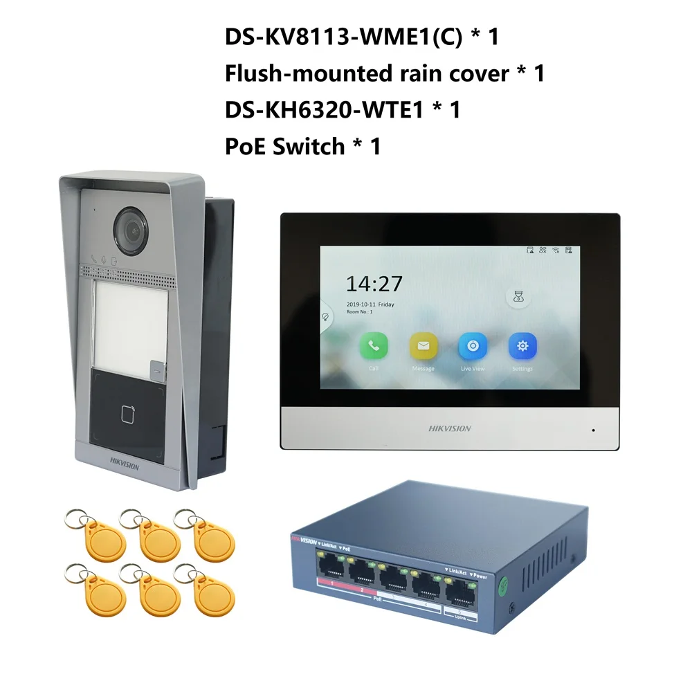 KIT videocitofono POE 802.3af multilingue originale HIKVISION, include DS-KV8113-WME1(C) e DS-KH6320-WTE1 e switch PoE