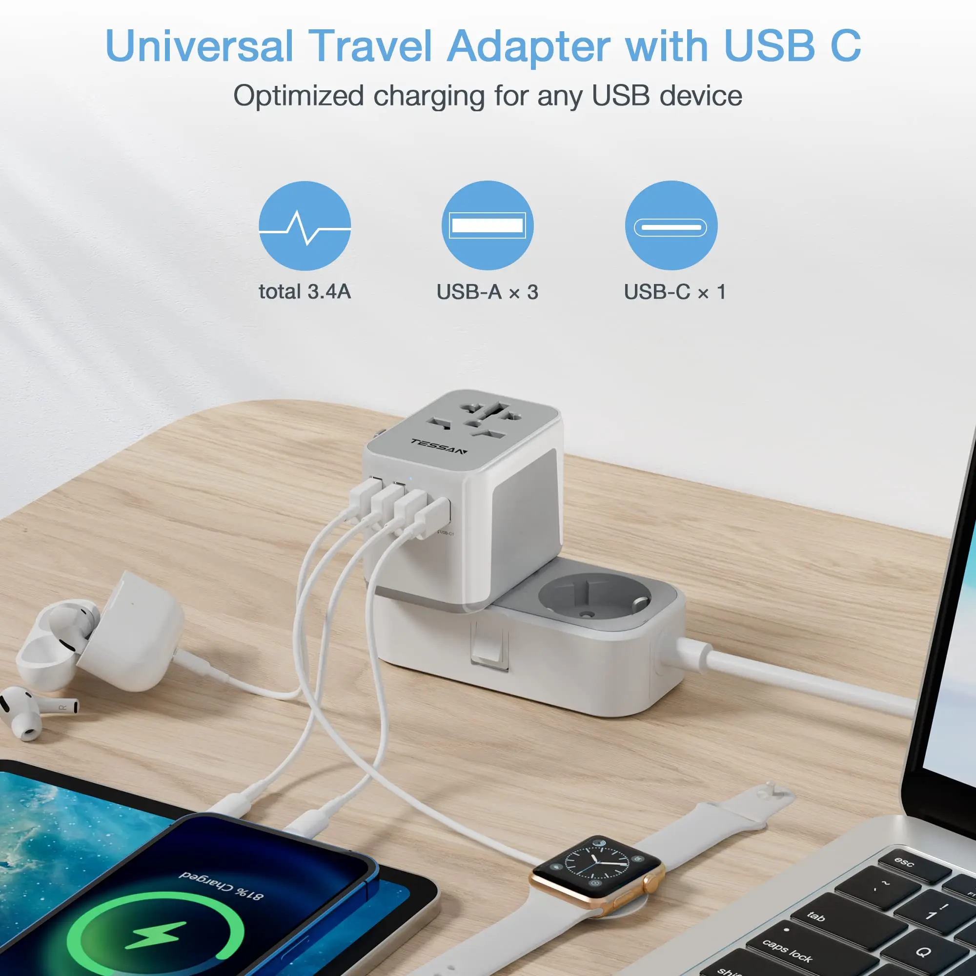 테산 국제 여행 어댑터 USB A 포트 및 타입 C 올인원 미국 EU 영국 호주 플러그 여행용