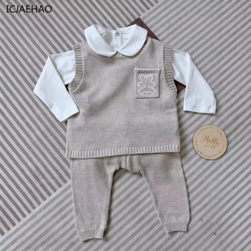 

2025 ICJAEHAO 2PCS Spring Baby Girl Boy Clothing Sets Knit Sweater Vest + Pants for Girls Newborns Suits Bear Autumn Spring