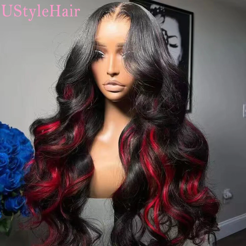 UStyleHair-peluca ondulada de cuerpo negro con reflejos rojos, peluca Frontal de encaje sintético resistente al calor, uso diario, rayita Natural