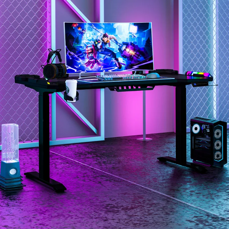 Large Desktop Colorful Black Purple Wind Dual Motor Electric Lifting Esports Table