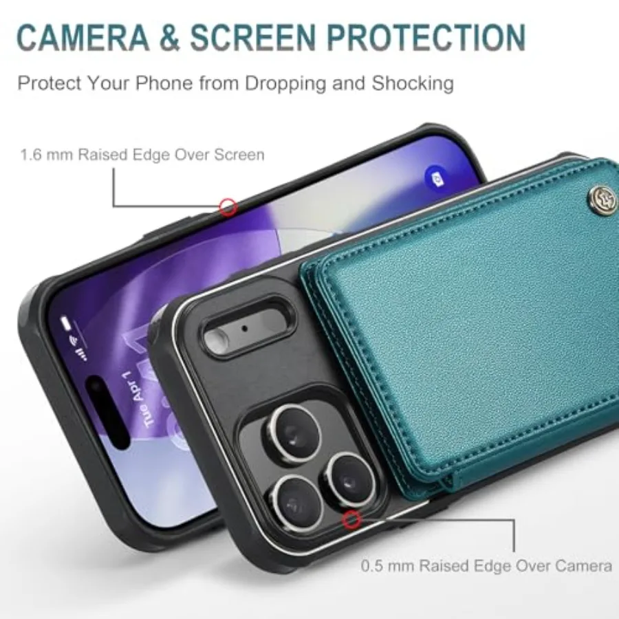 حافظة محفظة كلاسيكية باللون الأخضر الزرقاء مع فتحات بطاقة حجب RFID ومسند لهاتف iPhone 17 Pro 6.3 واقي مقاوم للصدمات C