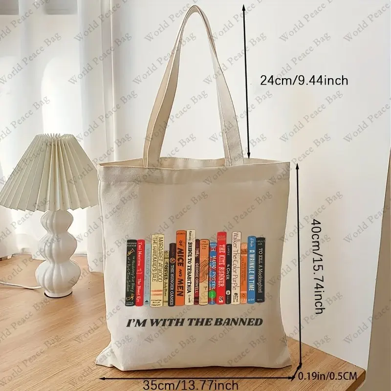 Im with The Banned Book Pattern Canvas Tote Bag, Banned Books Handbag, Literary School Shoulder Bag,gift Bag for Her