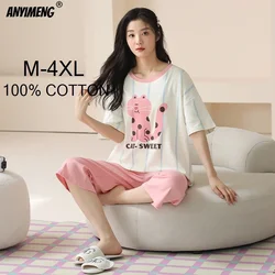 100% Cotton M-4XL Women Pajamas Set Summer Sleepwear Short Sleeve Knee-length Pants Nightwear Capris Loungewear Cartoon Pijama