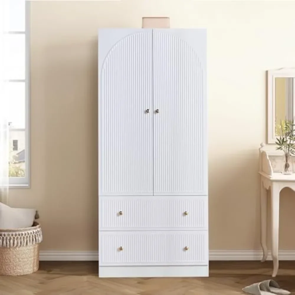 

Armoire Wardrobe Closet with 2 Striped Doors, Freestanding Wooden Wardrobe Cabinet with 2 Storage Drawers and Hanging Rail