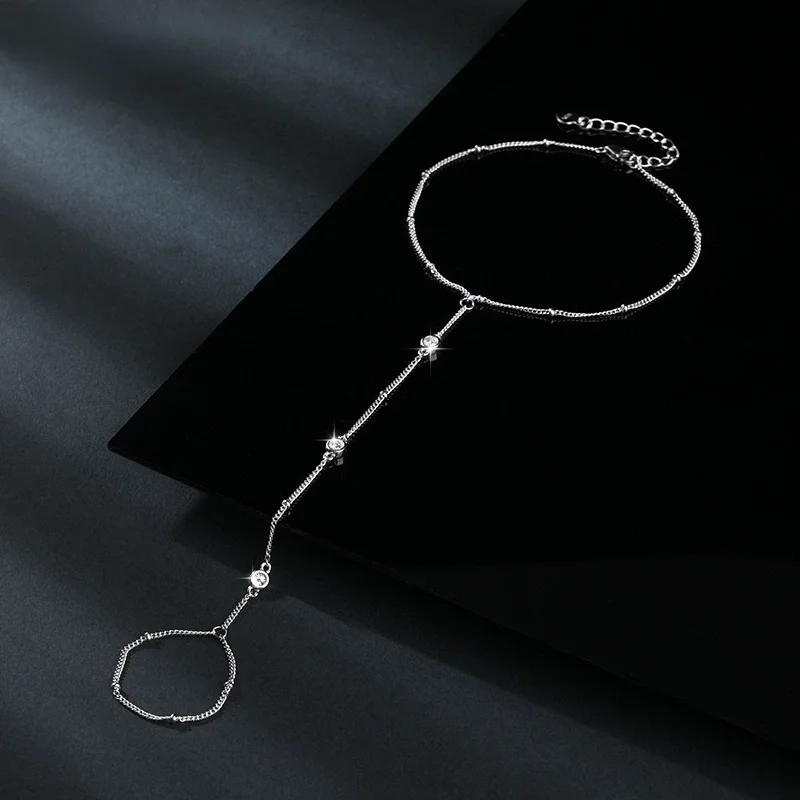 

Gazing Jewelry S925 Sterling Silver Moissanite Chain Bracelet & Ring Integrated Jewelry, Fashion Trendy Party Accessory