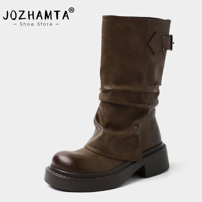 

JOZHAMTA Size 34-39 Vintage Wide Mid Calf Boots For Women Retro Buckle Strap Knee High Booties Pull On Ruched Fold Over Boots