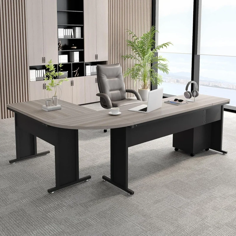 

83 Inch L-Shaped Executive Desk, Gray Industrial Corner Computer Table with Drawers and File Cabinet, Large Spacious Workstation