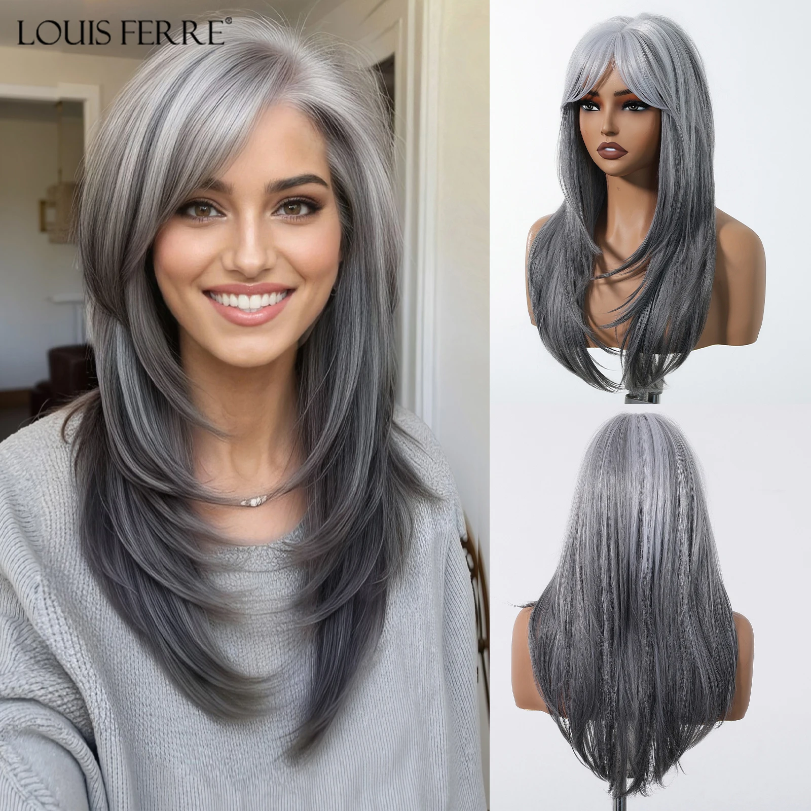 LOUIS FERRE Long Straight Synthetic Wig Grey White Ombre Wig For Women Heat Resistant Natural Layered Wig For Daily Cosplay Use