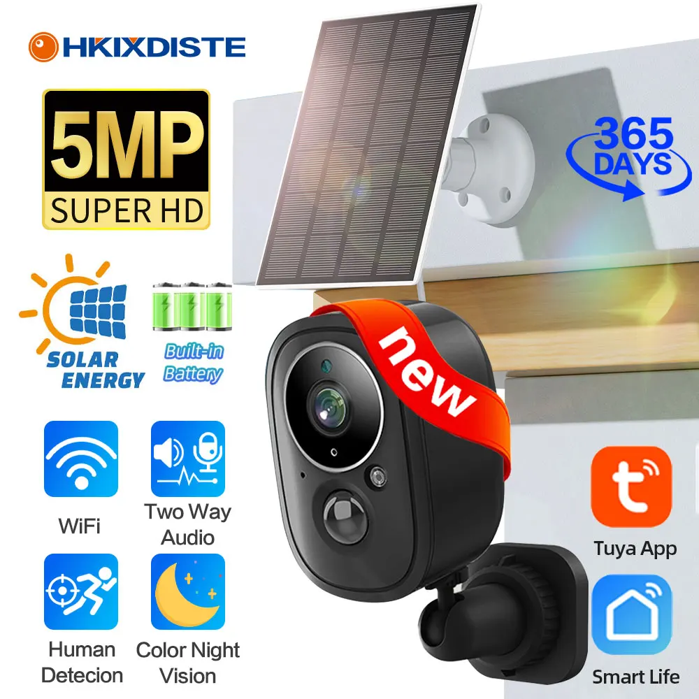 5MP WIFI Solar Outdoor Camera PIR Motion Detection Battery Security CCTV Full Color Night Vision telecamera di sorveglianza Tuya Smart