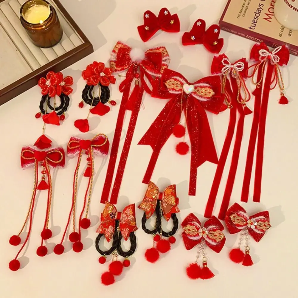 Cute Ribbon Red Bow Hair Clip New Year Wig Plush Ball Hairpin Fringe Hair Accessories Princess Forehead Chain Women