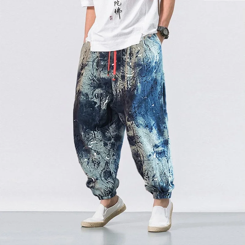 Chinese Style Splash Blue Man Clothing Baggy Pants 2026 Vintage Pantalones Hippies Printed Mens Casual Yoga Wide Leg Sweatpants