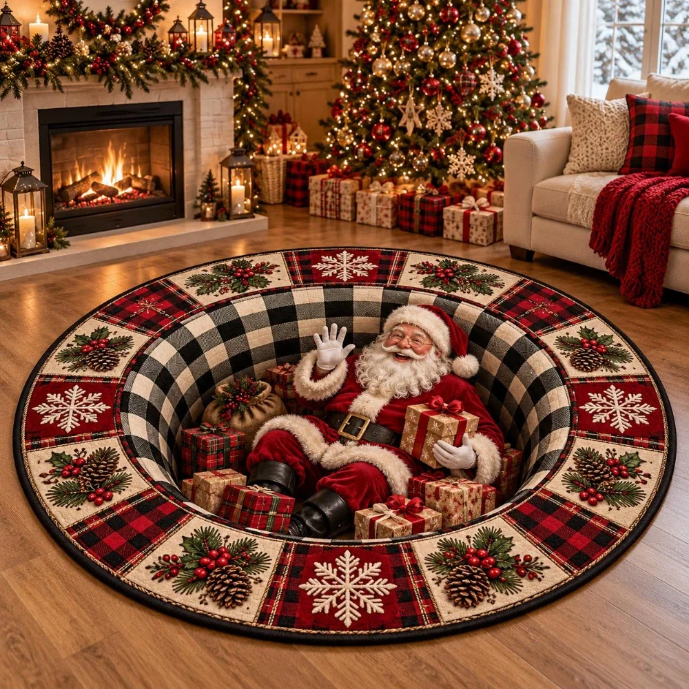 Christmas Santa Claus Round Rug welcome rug Buffalo Plaid Swirl Mat Splendid Bedroom Entryway Living Room Warm Area Rug Gift