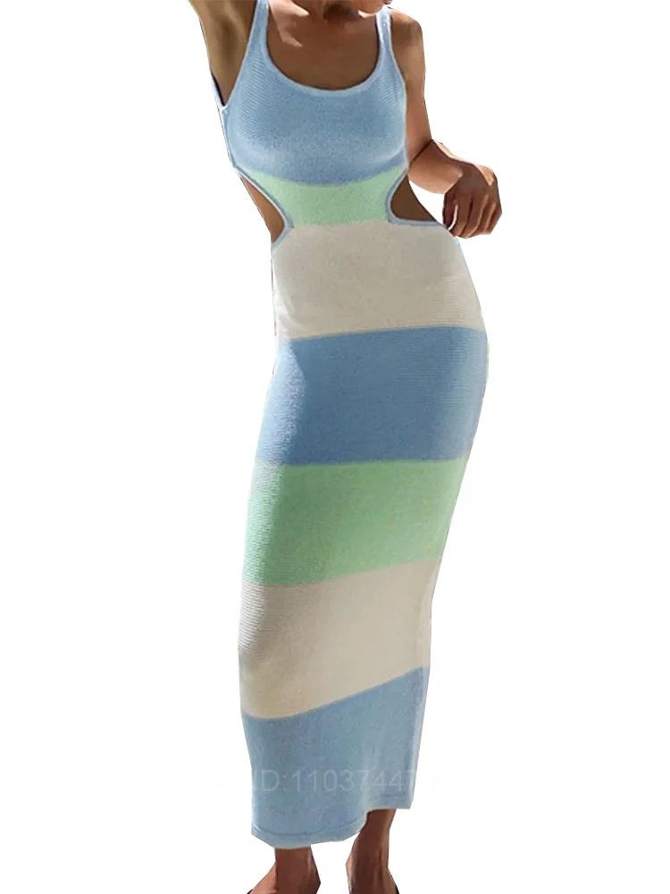 

Women Summer Strapless Knitted Ribbed Dress Female Sexy Midi Vestidos Sleeveless Off Shoulder Dresses Striped Outfits