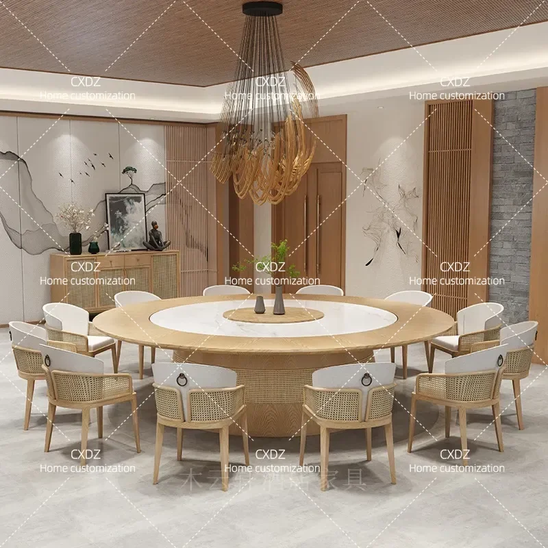 Custom Electric Round Dining Table with Turntable Rock Slab Top Hotel Restaurant Furniture Set Large Round Table and Chair