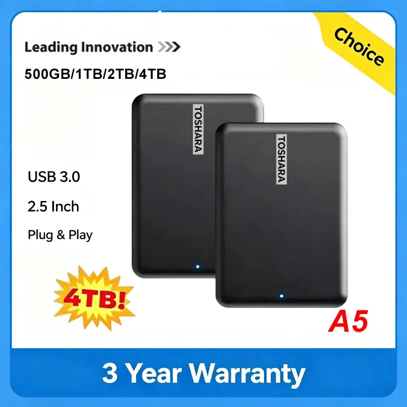 Hard Drive Black A5 Series Portable External USB 3.2 Gen1 High Speed 500GB 1TB 2TB 4TB For Mac Windows