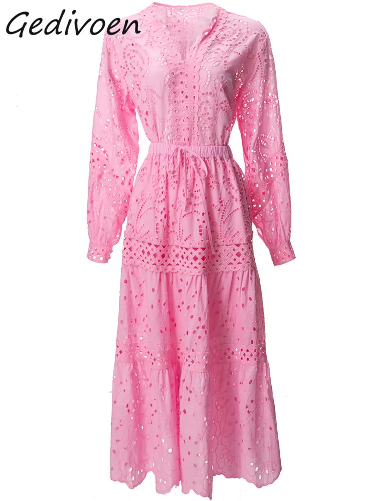 Gedivoen Autumn Fashion Runway Pink Vintage Skirt Set Women V Neck Hollow Out Embroidery Slim Top+A-LINE Long Skirt 2 Pieces Set