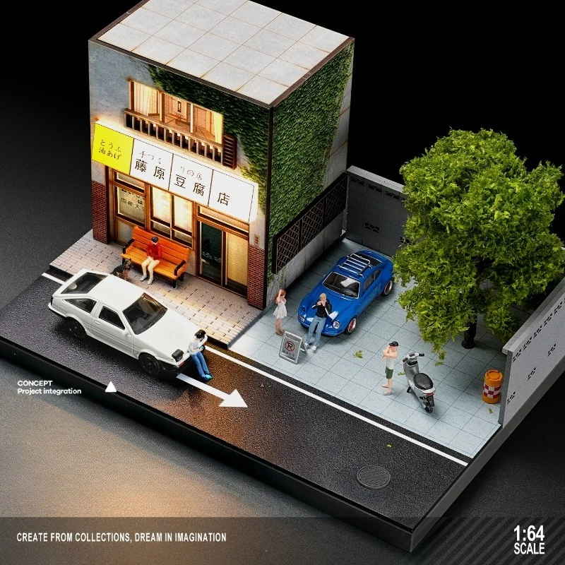Miniature Scene of Japanese-style Fujiwara Tofu Shop for 1/64 Scake Car Model Double-layer Simulation Stereo Scene with Lighting