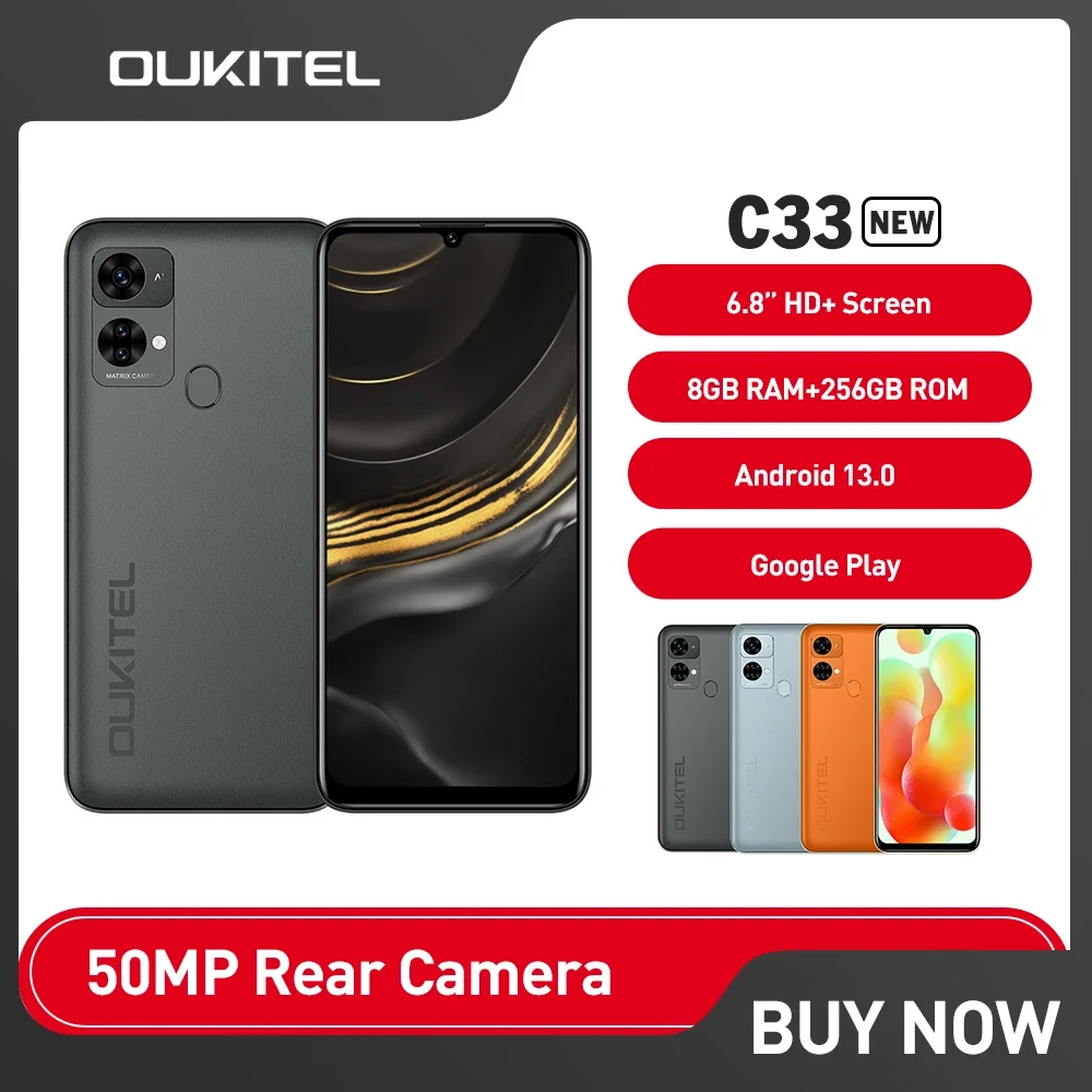 OUKITEL C33 Smartphone Android 13 8GB RAM+256GB ROM 6.8Inch HD Octa Core Mobile Phone 50MP  5150mAh 10W Fast Charge Cheap Phone