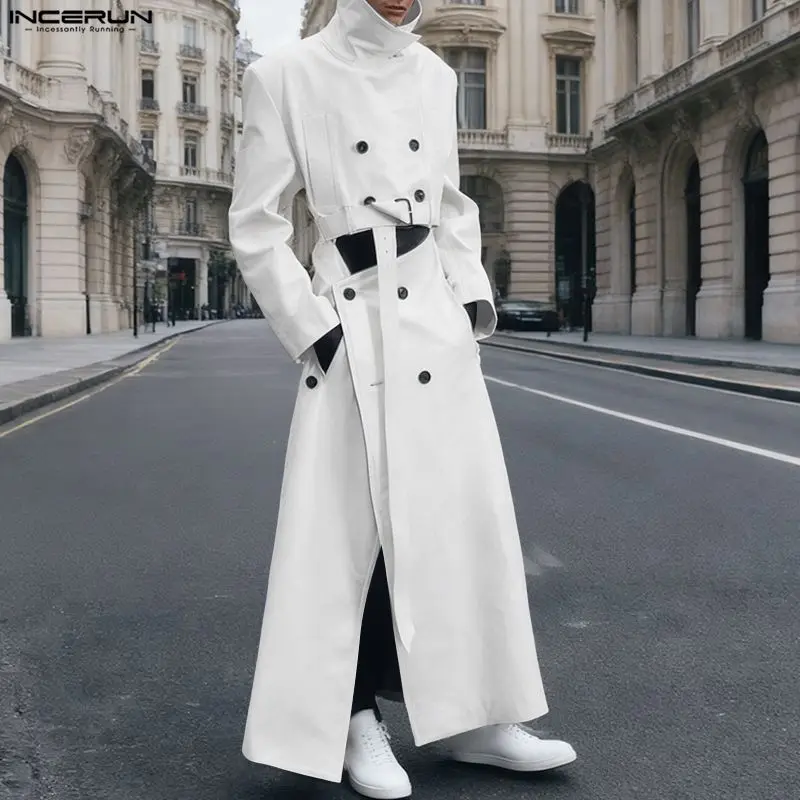 

INCERUN Men Long Style Trench Solid Lapel Long Sleeve Double Breasted Male Coats Streetwear Loose Hollow Out Fashion Windbreaker