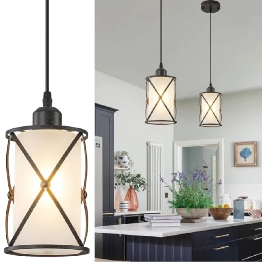 

Industrial Pendant Light for Kitchen Island Retro Style Cage Pendant Lighting with Frosted Glass Farmhouse Cylindrical Hanging