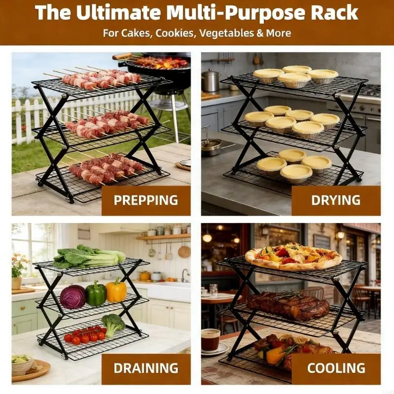 3/4-Tier Upgraded Collapsible Cooling Rack with Adjustable 3 Setting Design Stackable Baking Cooking Drying Wire Cooling Rack