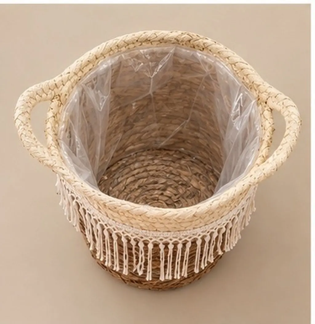 Hand Woven Planter Basket with Built-in Liner – Rustic Indoor Flower Pot Container with Tassel Decor
