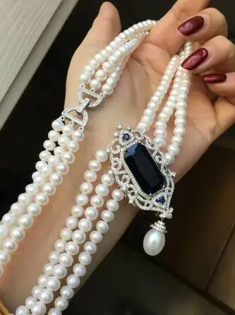 

Hand knotted 3strands 7-8mm white natural freshwater pearl micro inlay zircon necklace long 45-50cm fashion jewelry