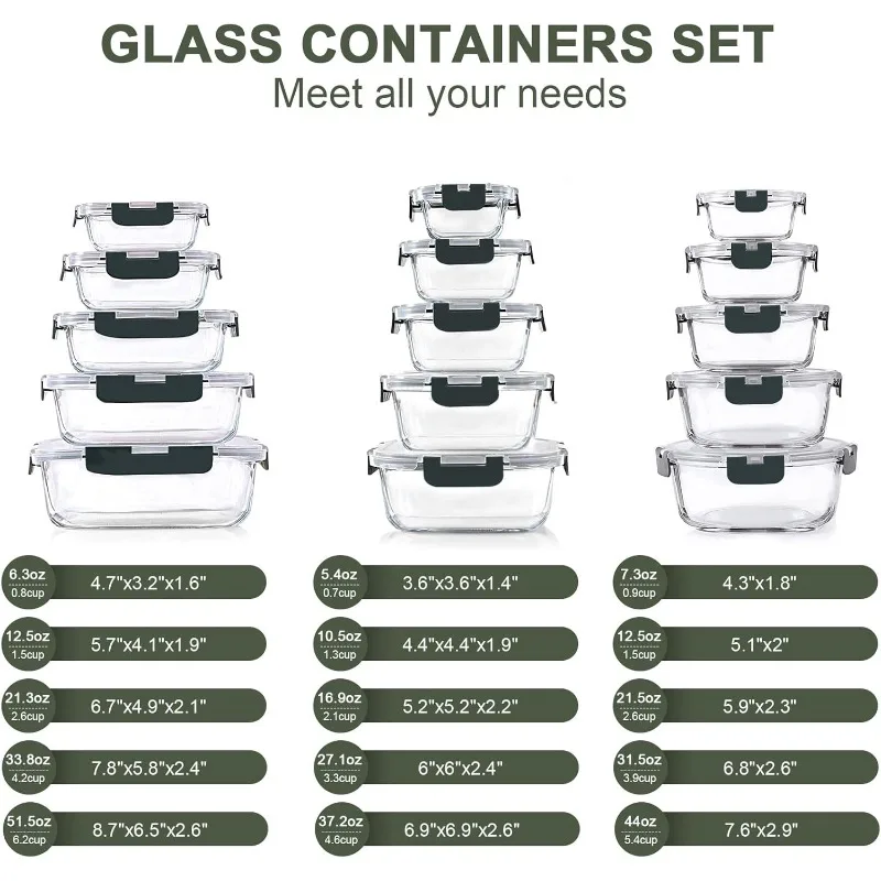 30 Pieces Glass Food Storage Containers Set, Glass Meal Prep Containers Set with Snap Locking Lids, Airtight Glass