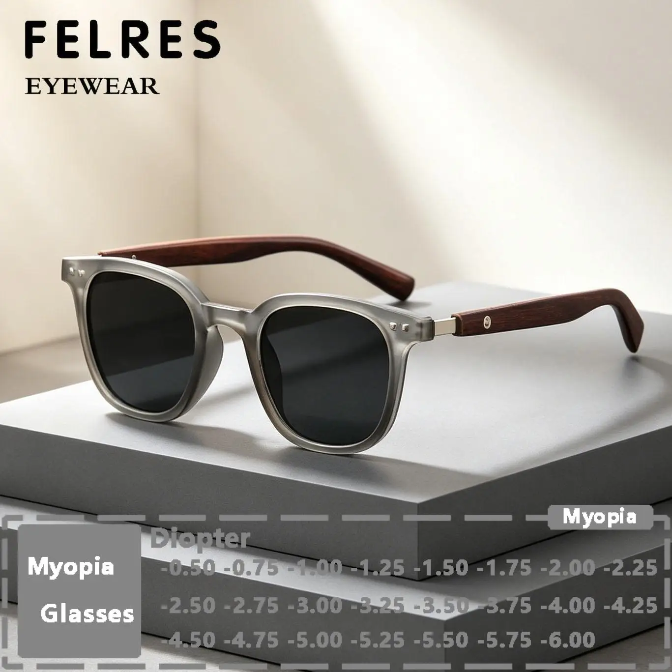 Square Black Finished Myopia Sunglasses Men Women Imitation-wood Driving Shade Prescription Nearsighted Eyewear Negative Diopter