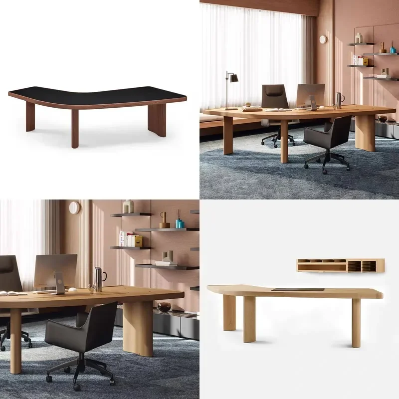 Nordic Curved Solid Wood Executive Desk Large Office Manager Table Simple Study Workstation for Home Business