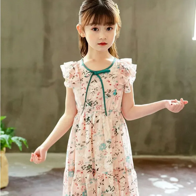 Summer Dress Girls Student Fashion Baby Party Princess Prom Tie-up Chiffon Dresses 2 3 4 5 6 7 8 9 10 12 Years Old Kids Clothes