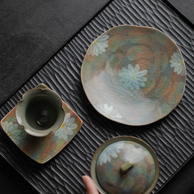 Hand Painted Ceramic Tea Tray Vintage Small Teapot Stand Dry Tea Plate Home Decor Tea Accessories Gift