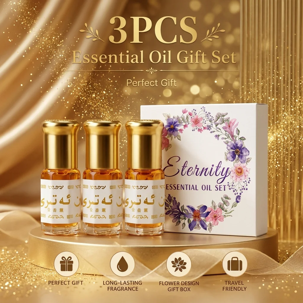 Luxurious Gift Box Essential Oil Set, 3Pcs/Box, Golden Design, Enhances Luck, Attracts Wealth, Brings Good Fortune, Improves Good Luck, Valentine's Day Graduation Gift, Mother's Day Wedding Favor, Unisex Style, Premium Gift, Elegant Packaging, New Formula and Design, the Best Gift for Family and Friends!