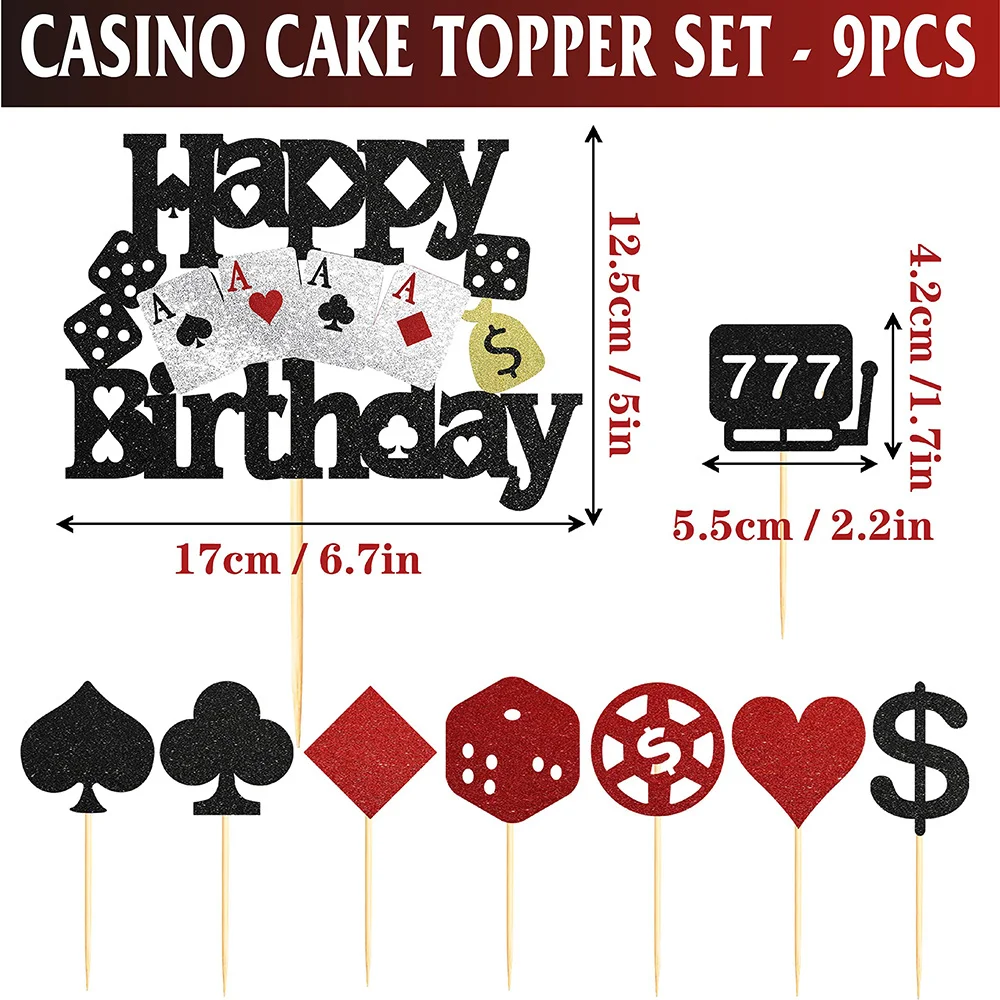 9pcs Casino Birthday Cake Decorations Toy Machine Poker Cake Topper Set Playing Card Game Theme Las Vegas Scene Supplies