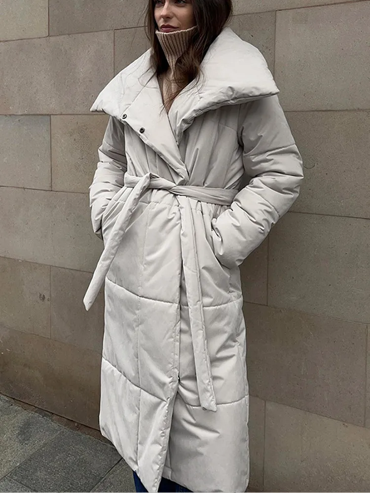 2024 Winter Warm Solid Long Cotton Coat With Belt Women Elegant Turn-down Collar Single Breasted Outwear Lady Casual Streetwear