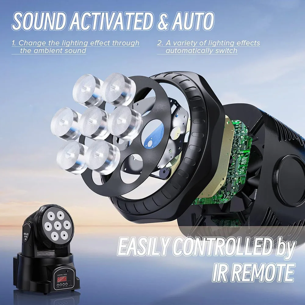 7*10 Вт 360 °   Семь светодиодных светильников с подвижной головкой DMX512, профессиональное управление сценическим освещением, DJ Party Disco Lights, барные вечерние прожекторы RGBW