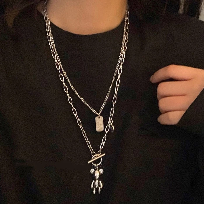 

Bear double-layer versatile long sweater chain women's niche design sense high street trend men's necklace