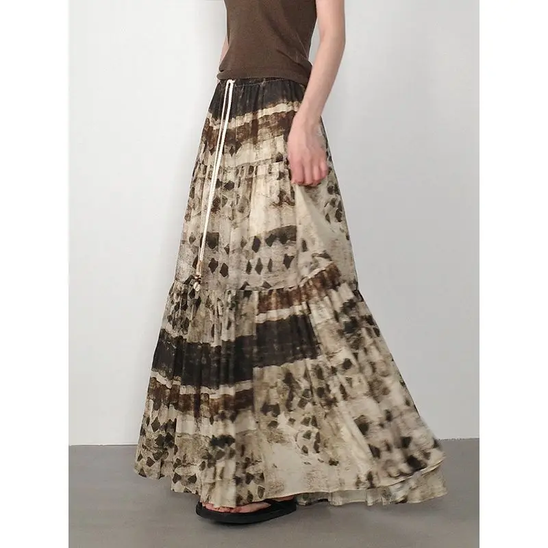Bohemia Elastic Waist Loose Contrast A-line Skirt Summer New Vintage Youth All-match Skirt Street Casual Fashion Women Clothing