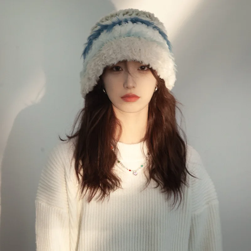 Women's Plush Rabbit Fur Beanie Hat Soft Warm Knitted Face Slimming Design for Big Head Autumn Winter Colorful Stocking Cap