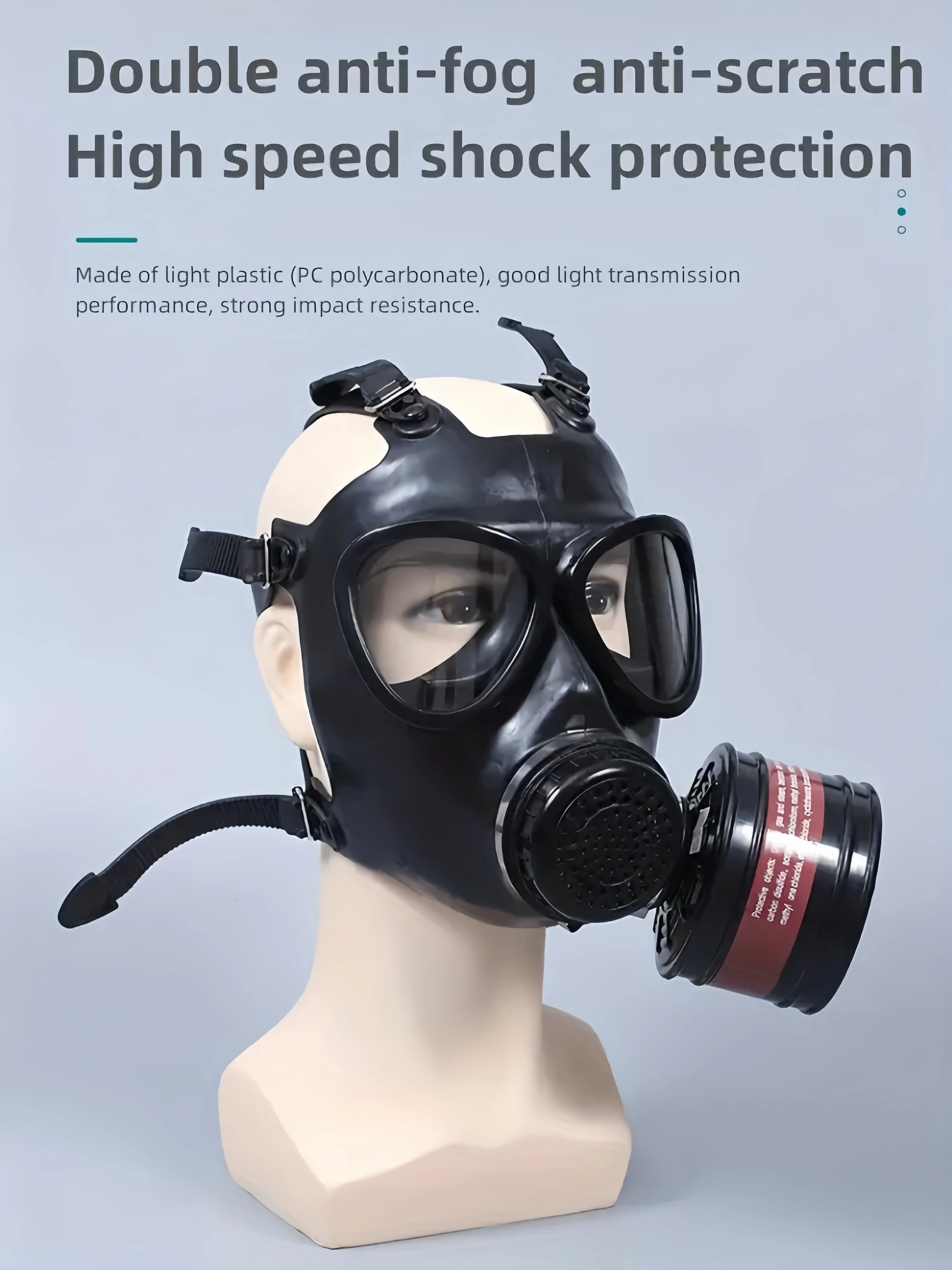 Masque à gaz MF14/87, équipé d'un filtre à charbon actif, capable de résister au vapeur, des produits chimiques et de la contamination nucléaire.