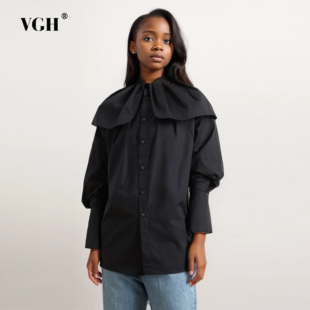 

VGH Solid Patchwork Single Breasted Casual Shirt For Women Ruffles Collar Long Sleeve Minimalist Blouse Female Fashion Style New