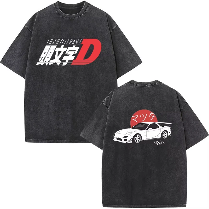 Anime Initial D Drift AE86 Washed Vintage Print T-shirt RX-7 R34 Skyline GTR JDM T-shirts Woman's Harajuku Cozy Oversized Top