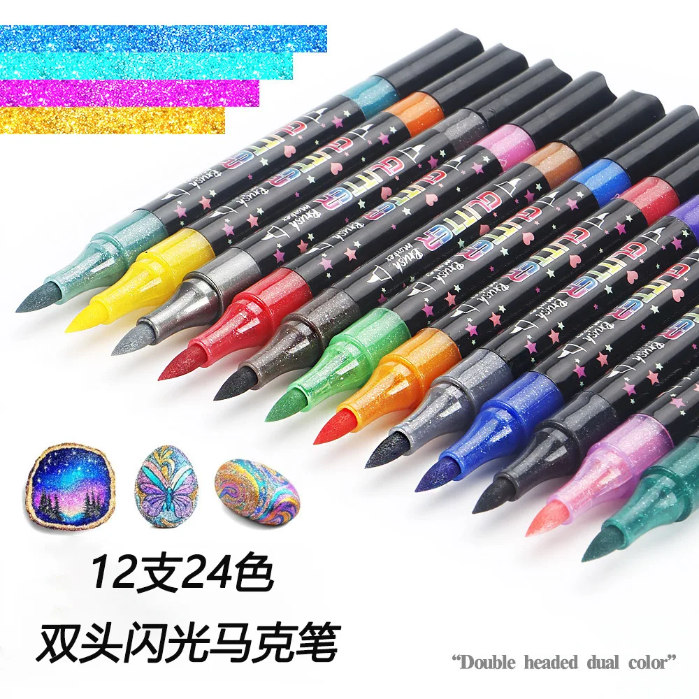 24/48Colors Glitter Acrylic Markers Paint Pens Sparkly and Shiny for Rock Painting Stone Ceramic Glass Wood Fabric Scrapbooking
