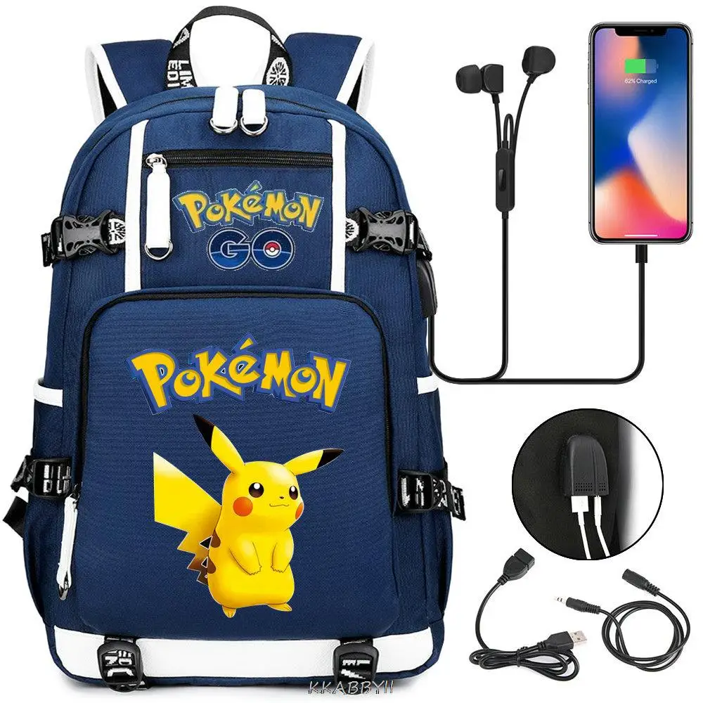 POKEMON Pikachu Backpack USB Charge Black Capacity School Bags For Teens Waterproof Big Travel Laptop Mochilas For Male Femal