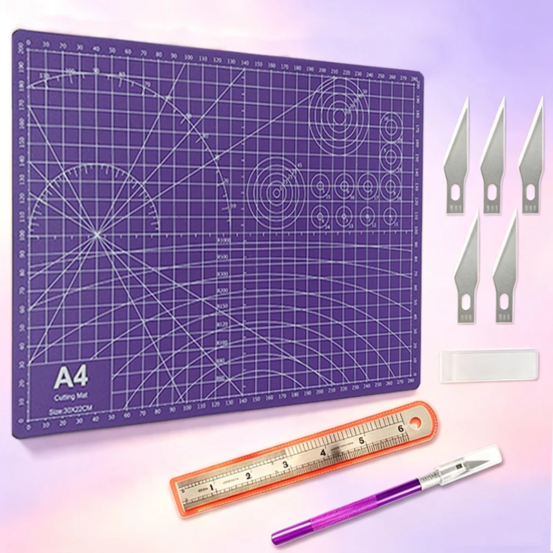 A4 cutting mat set, includes a 15cm steel ruler, carving knife, and 5 blades. It is a DIY tool suitable for jewelry making, gift wrapping, sticker and car decal application, home decoration, and children's art projects