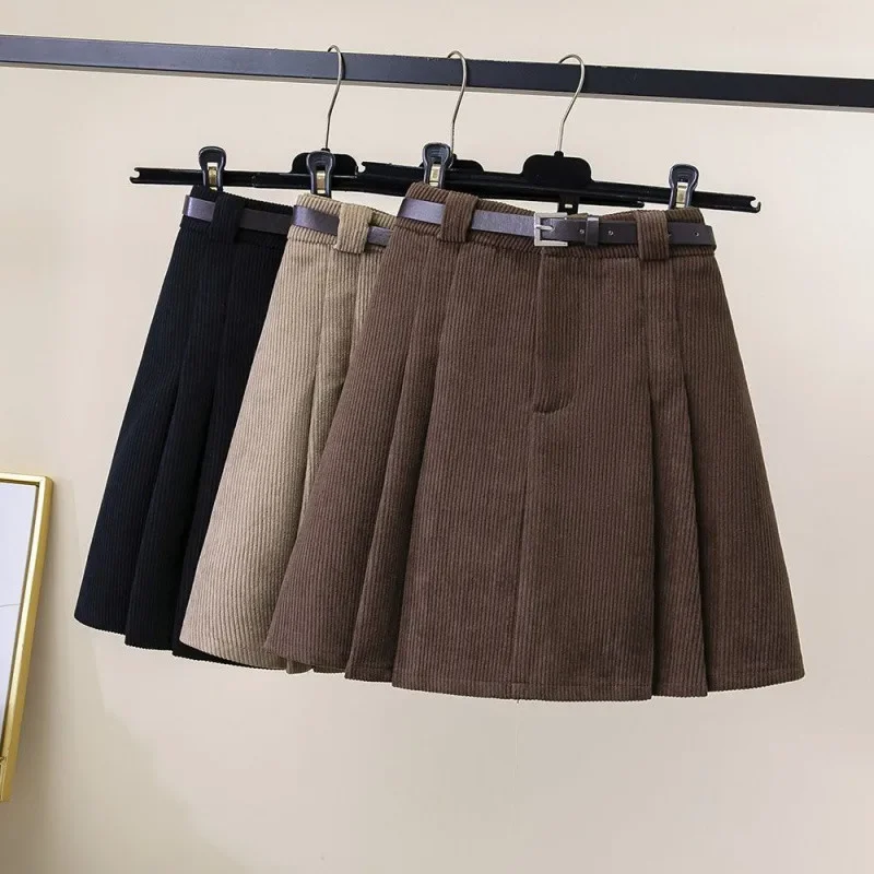 

High Waist Corduroy A- Line Mini Skirt Autumn Winter Inner Lining Pleated Retro Slimming Versatile Bodycon Half-length Skirt